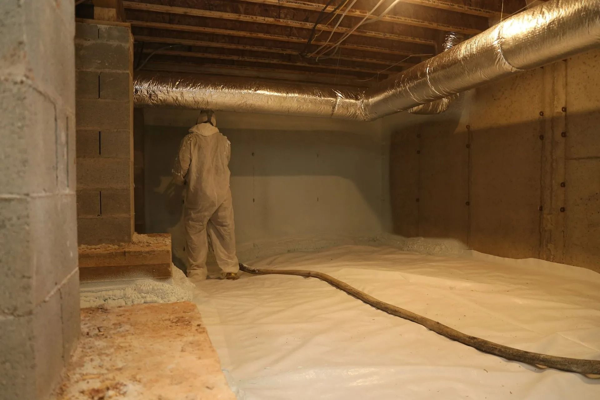 Crawl space encapsulation in progress under a Middle Tennessee home